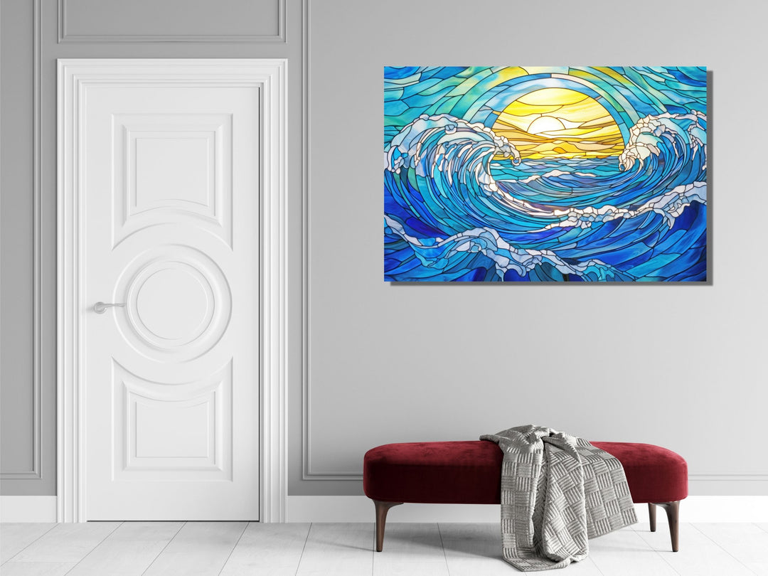 Stained Glass Ocean Wave Pattern Wall Art-Home Office Wall Painting Decor Panel