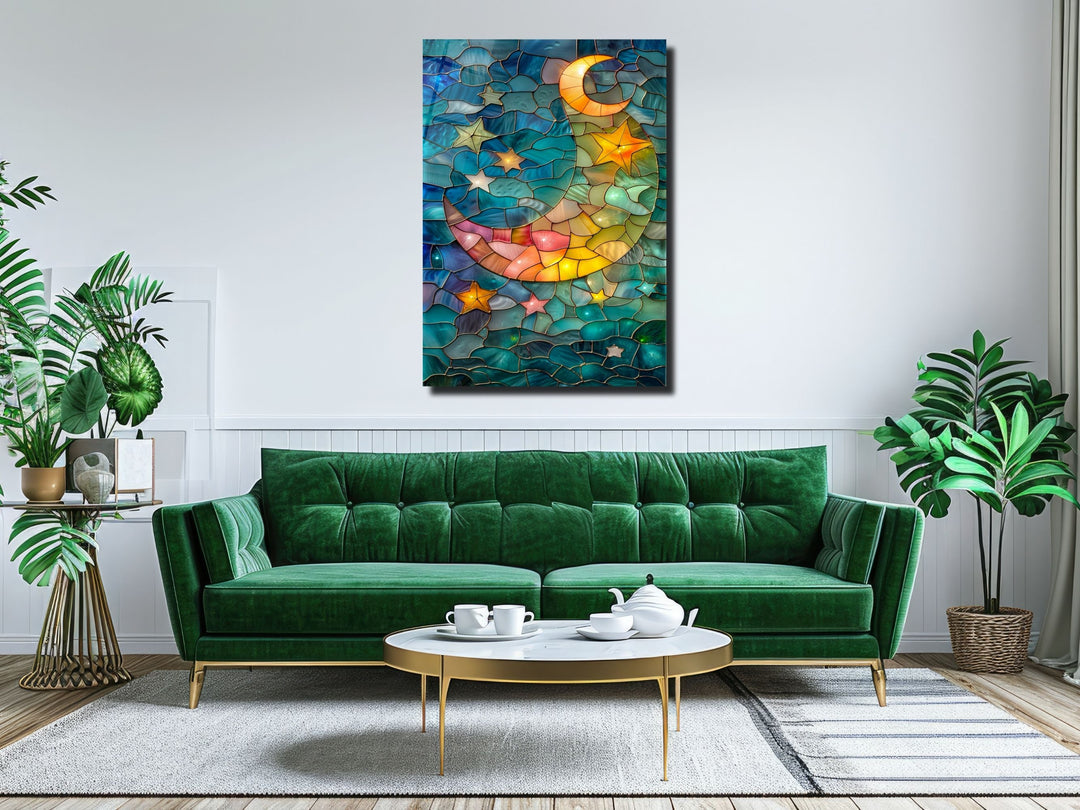 Stained Glass Moon&Star Pattern Wall Art Decor-Home&Office Glass Printing Wall Painting