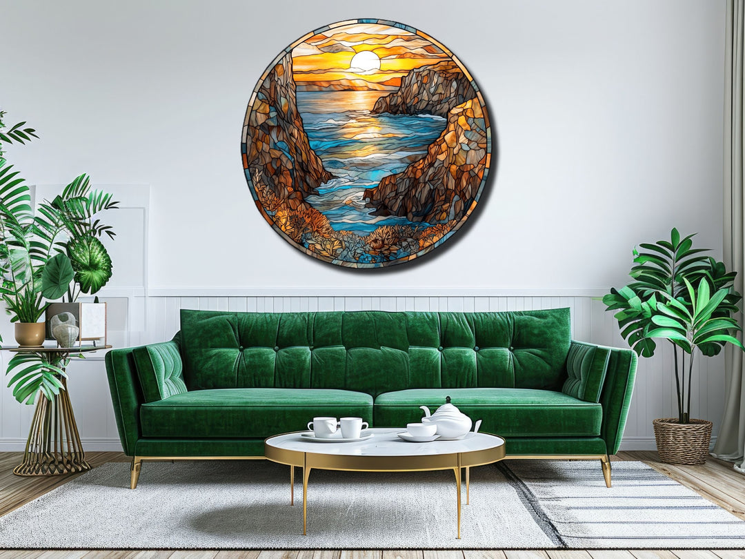 Stained Glass Sunset Pattern Wall Art Decor-Glass Printing Wall Painting Round