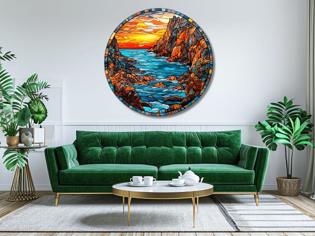 Stained Glass Sunset Pattern Wall Art Decor-Glass Printing Wall Painting Round