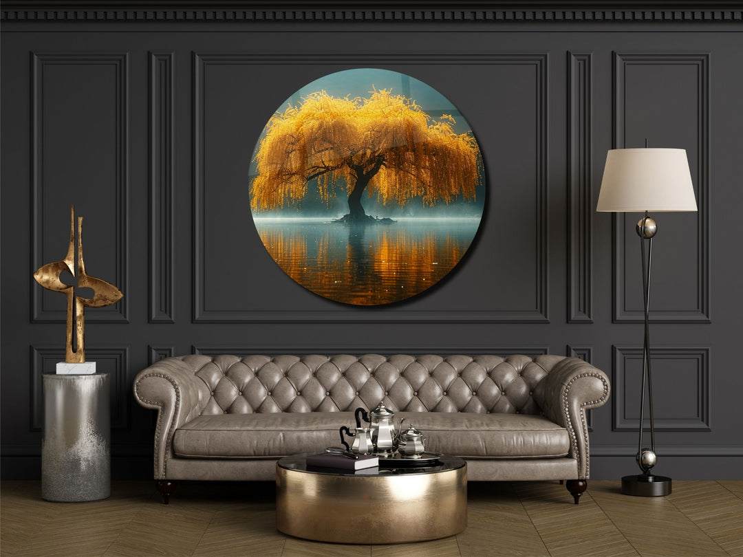 Abstract Yellow Tree&Lake Wall Art Decor-Home&Office Glass Printing Wall Painting