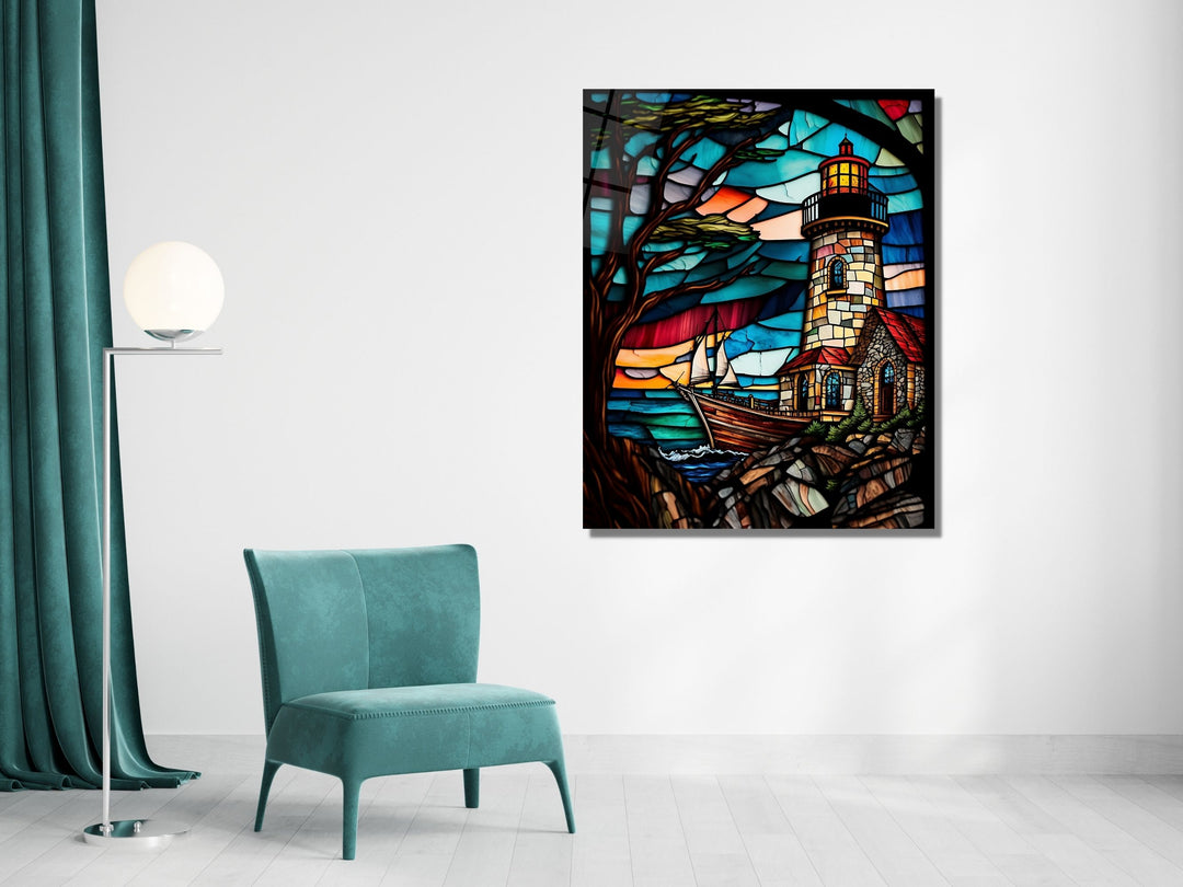 Stained Glass Light House Pattern Wall Art Window-Wall Painting Decor