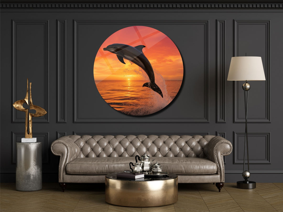 Sunset&Dolphin Wall Art Decor-Home&Office Glass Printing Wall Painting