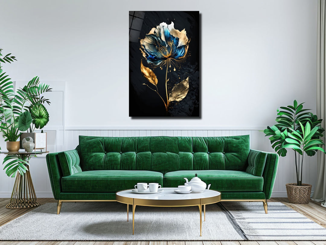 Abstract Blue&Gold Floral Glass Wall Art-Home&Office Glass Printing Wall Decor