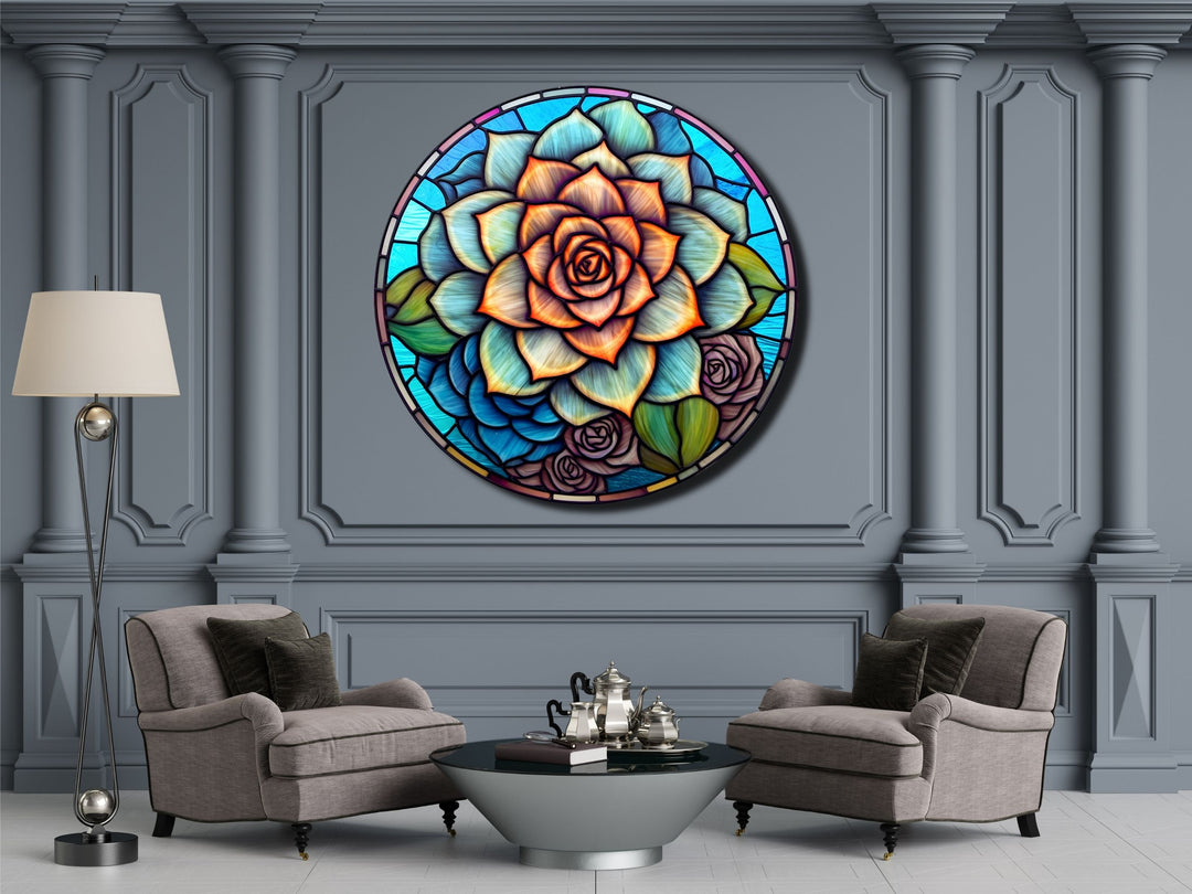 Stained Glass Lotus Flower Pattern Wall Art Decor-Glass Printing Wall Painting Round