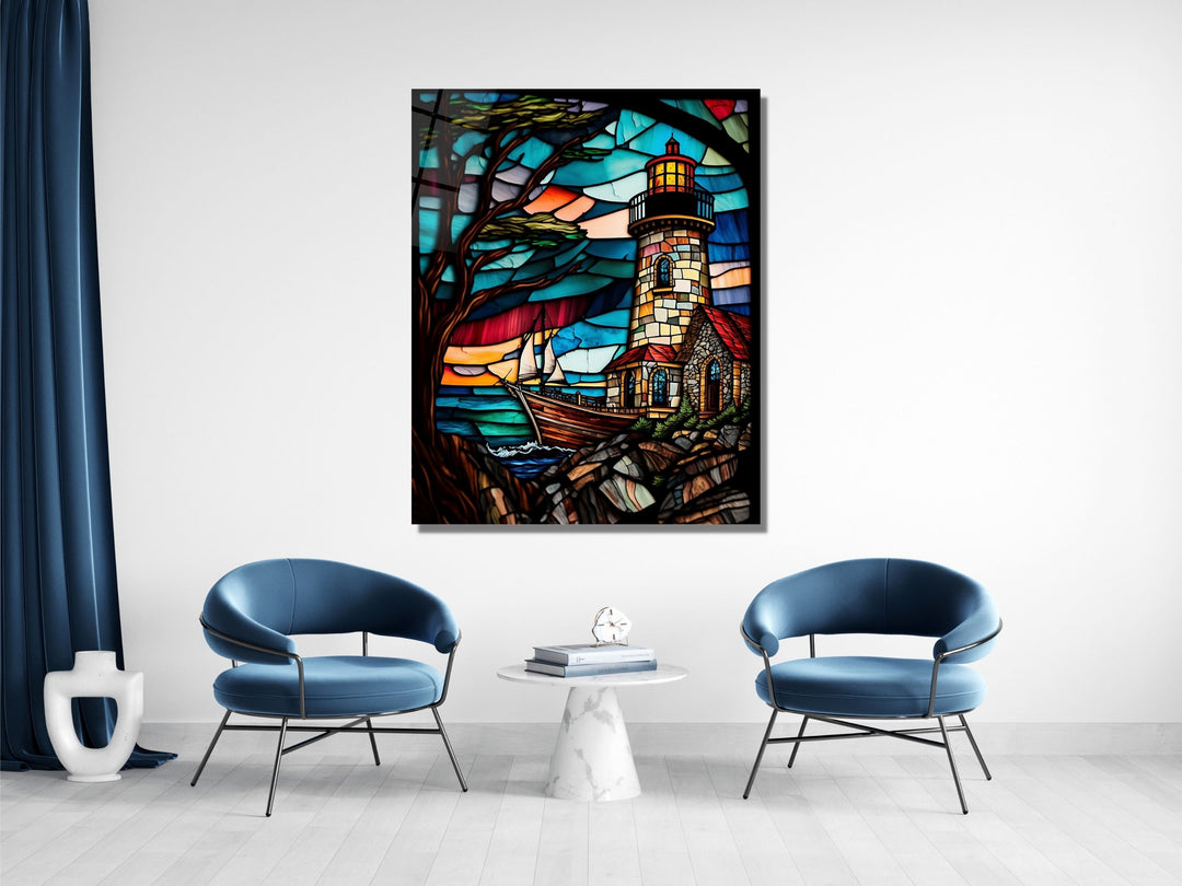 Stained Glass Light House Pattern Wall Art Window-Wall Painting Decor