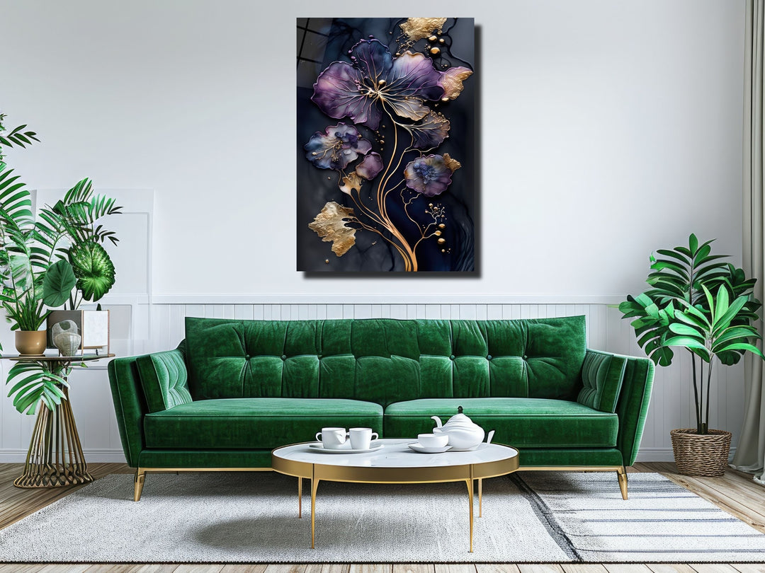 Abstract Gold&Purple Floral Glass Wall Art-Home&Office Glass Printing Wall Decor