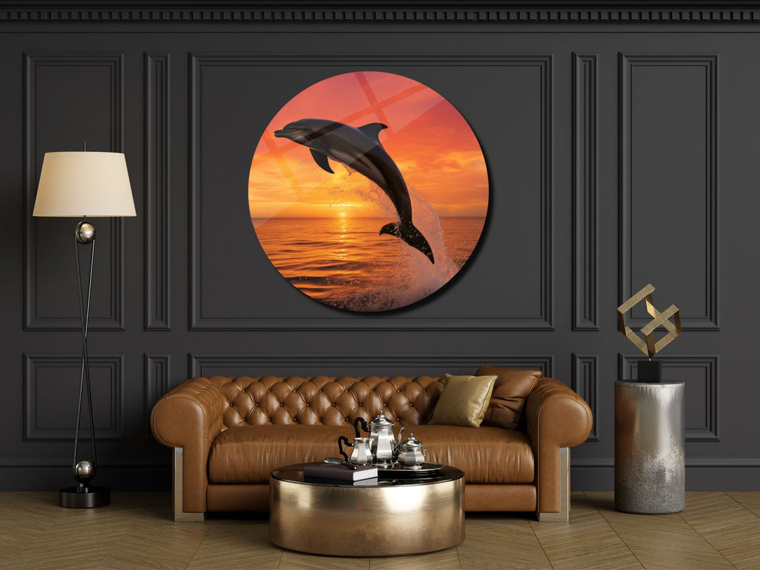 Sunset&Dolphin Wall Art Decor-Home&Office Glass Printing Wall Painting