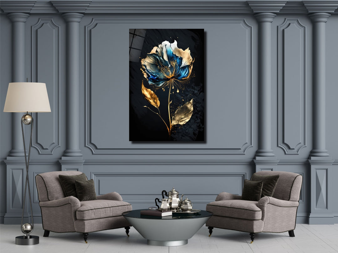 Abstract Blue&Gold Floral Glass Wall Art-Home&Office Glass Printing Wall Decor