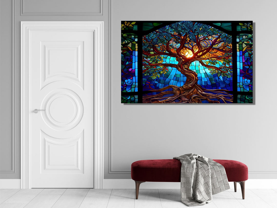 Stained Glass Tree of Life Pattern Wall Art Decor-Home&Office Glass Printing Wall Painting