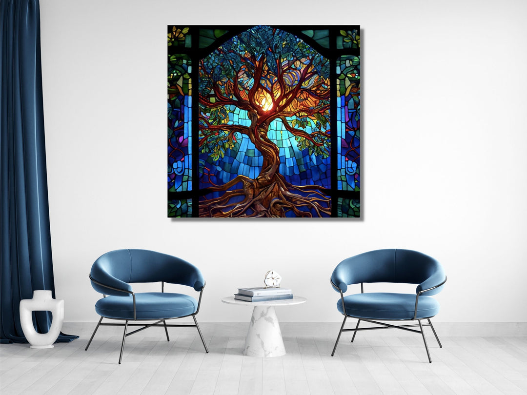 Stained Glass Tree of Life Pattern Wall Art Decor-Home&Office Glass Printing Wall Painting