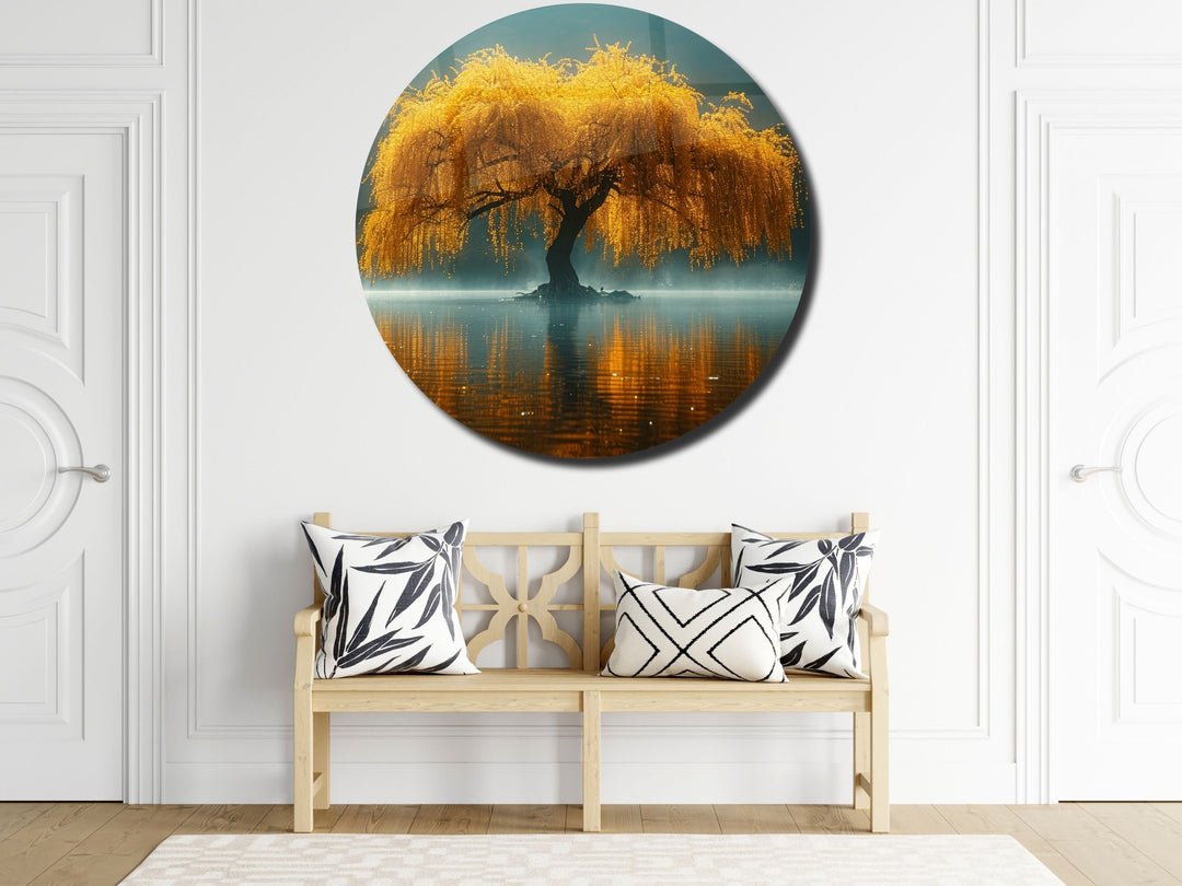 Abstract Yellow Tree&Lake Wall Art Decor-Home&Office Glass Printing Wall Painting