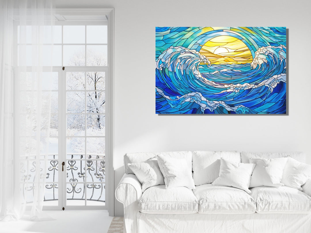 Stained Glass Ocean Wave Pattern Wall Art-Home Office Wall Painting Decor Panel