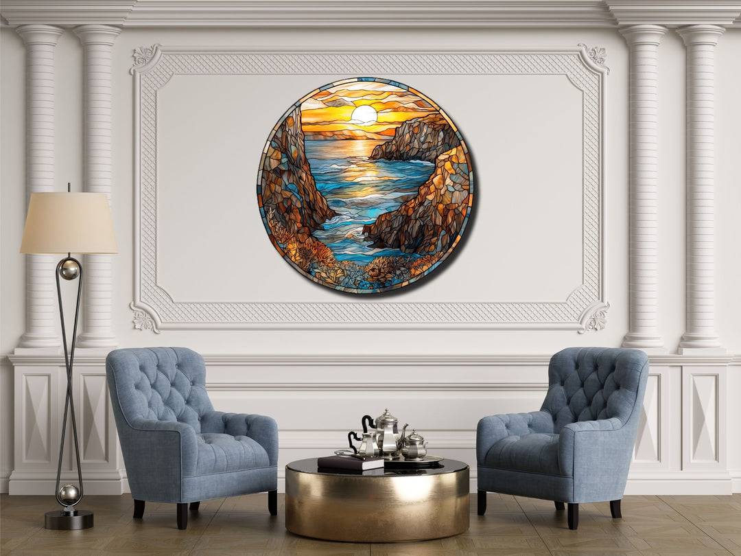 Stained Glass Sunset Pattern Wall Art Decor-Glass Printing Wall Painting Round