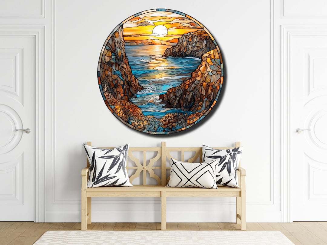 Stained Glass Sunset Pattern Wall Art Decor-Glass Printing Wall Painting Round