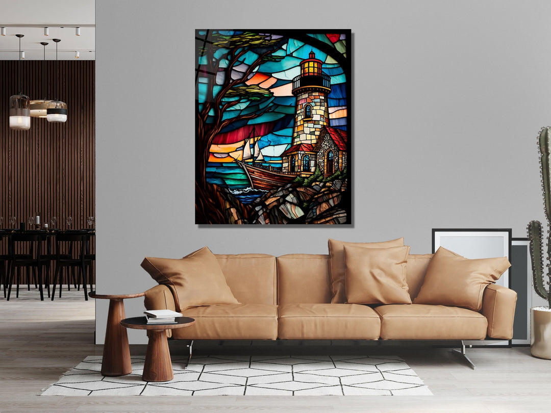 Stained Glass Light House Pattern Wall Art Window-Wall Painting Decor