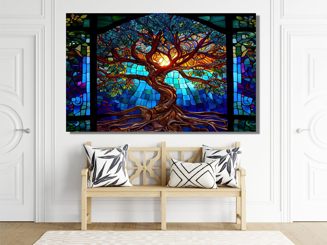 Stained Glass Tree of Life Pattern Wall Art Decor-Home&Office Glass Printing Wall Painting