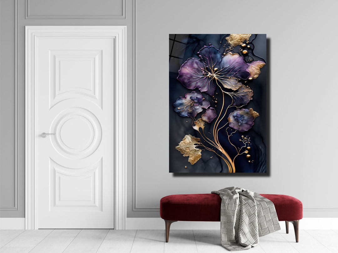 Abstract Gold&Purple Floral Glass Wall Art-Home&Office Glass Printing Wall Decor