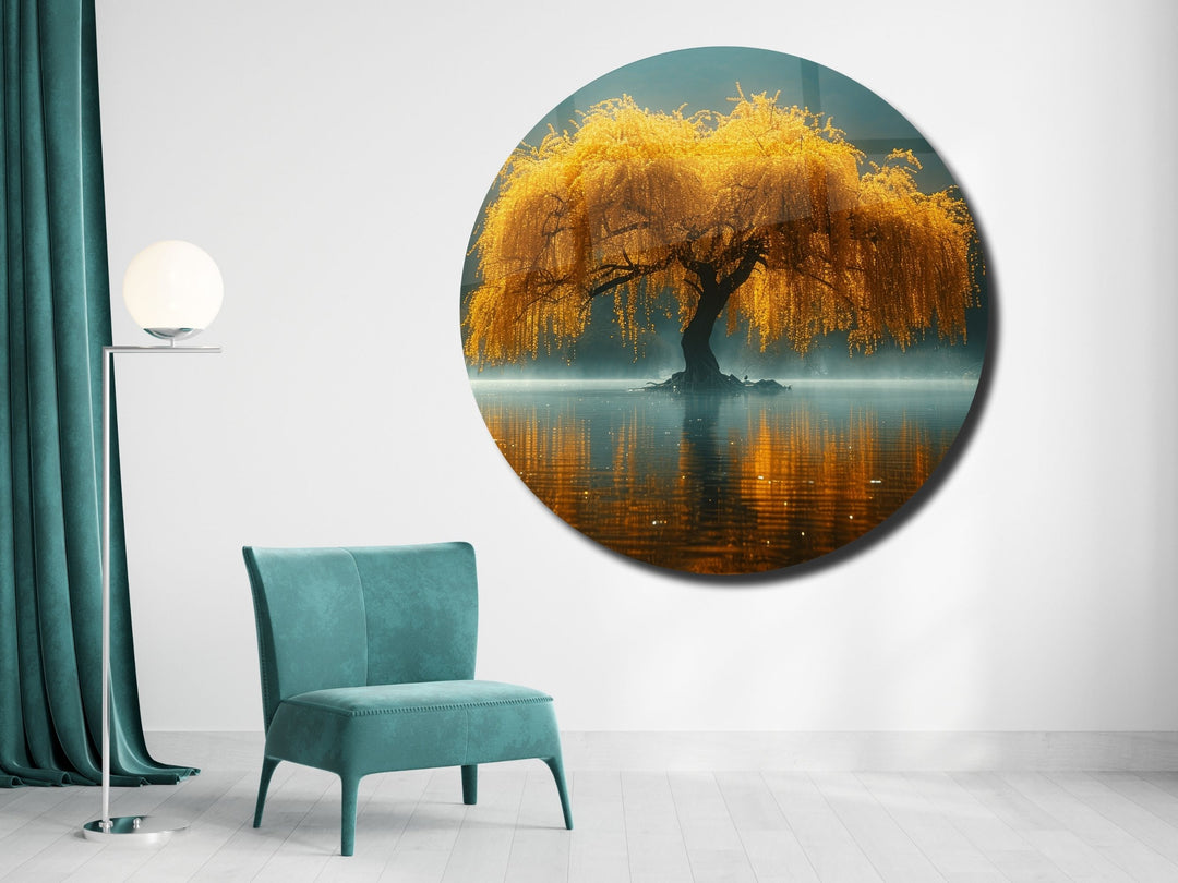 Abstract Yellow Tree&Lake Wall Art Decor-Home&Office Glass Printing Wall Painting