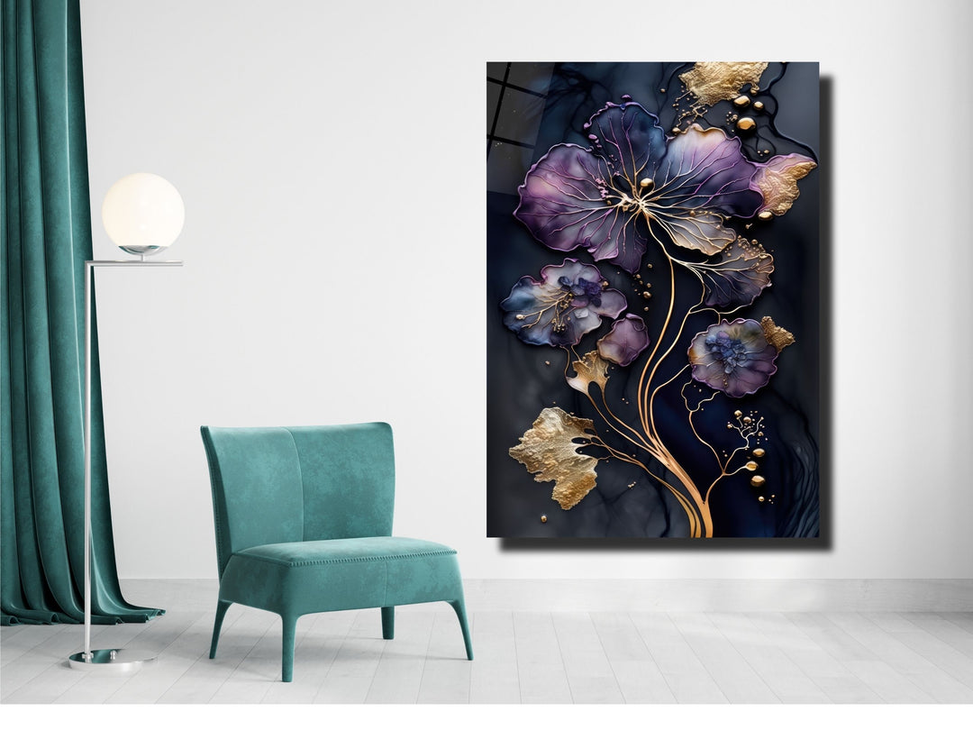 Abstract Gold&Purple Floral Glass Wall Art-Home&Office Glass Printing Wall Decor