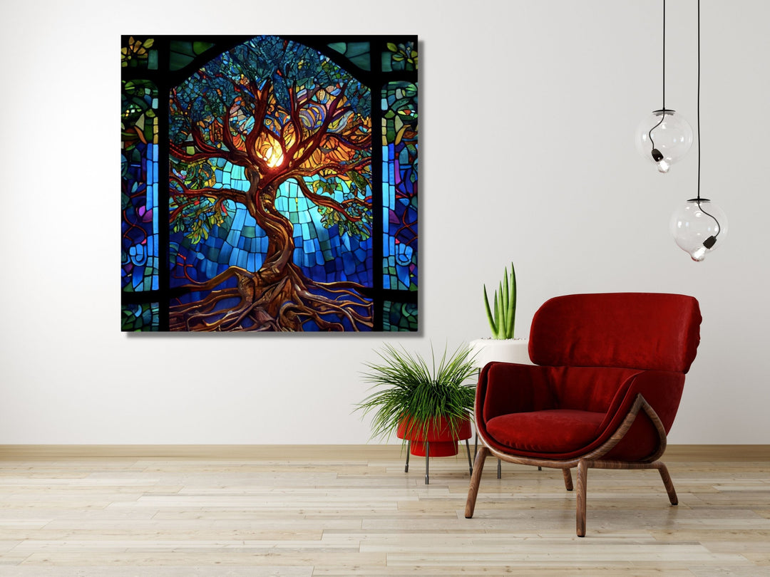 Stained Glass Tree of Life Pattern Wall Art Decor-Home&Office Glass Printing Wall Painting