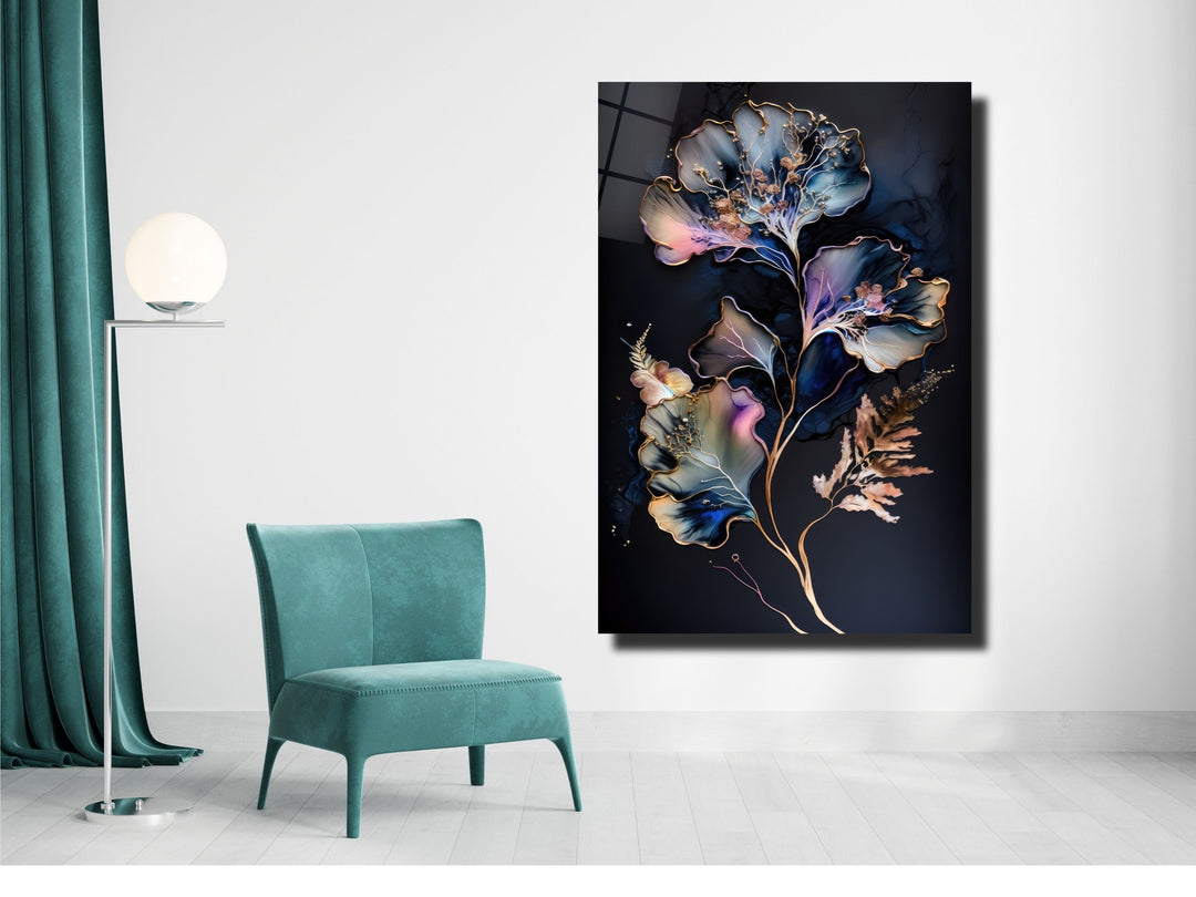 Abstract Blue&Gold Floral Glass Wall Art-Home&Office Glass Printing Wall Decor