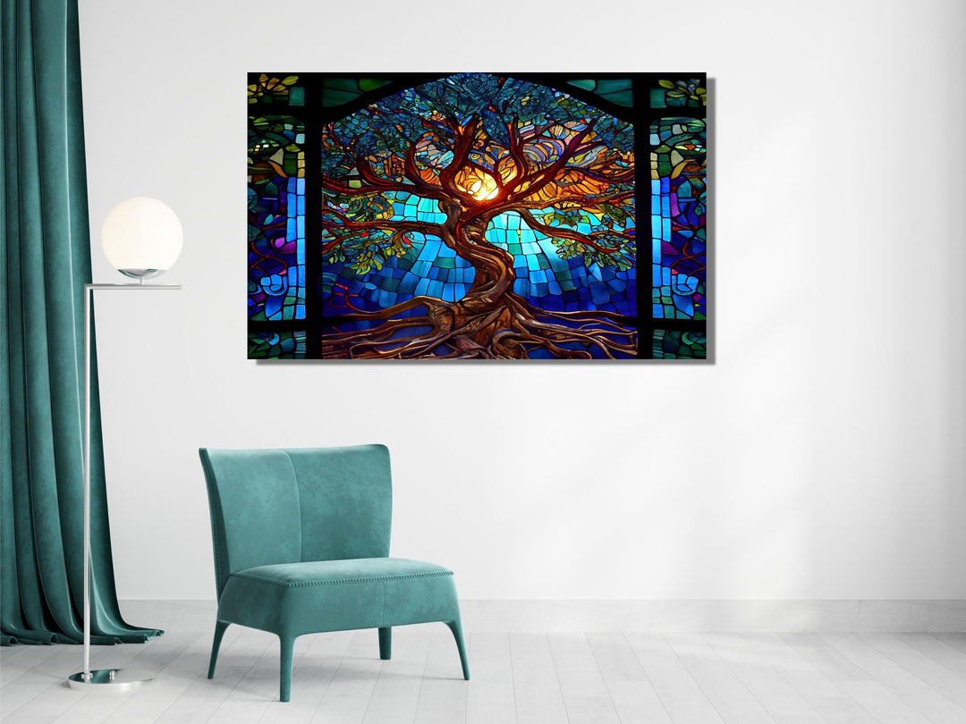 Stained Glass Tree of Life Pattern Wall Art Decor-Home&Office Glass Printing Wall Painting