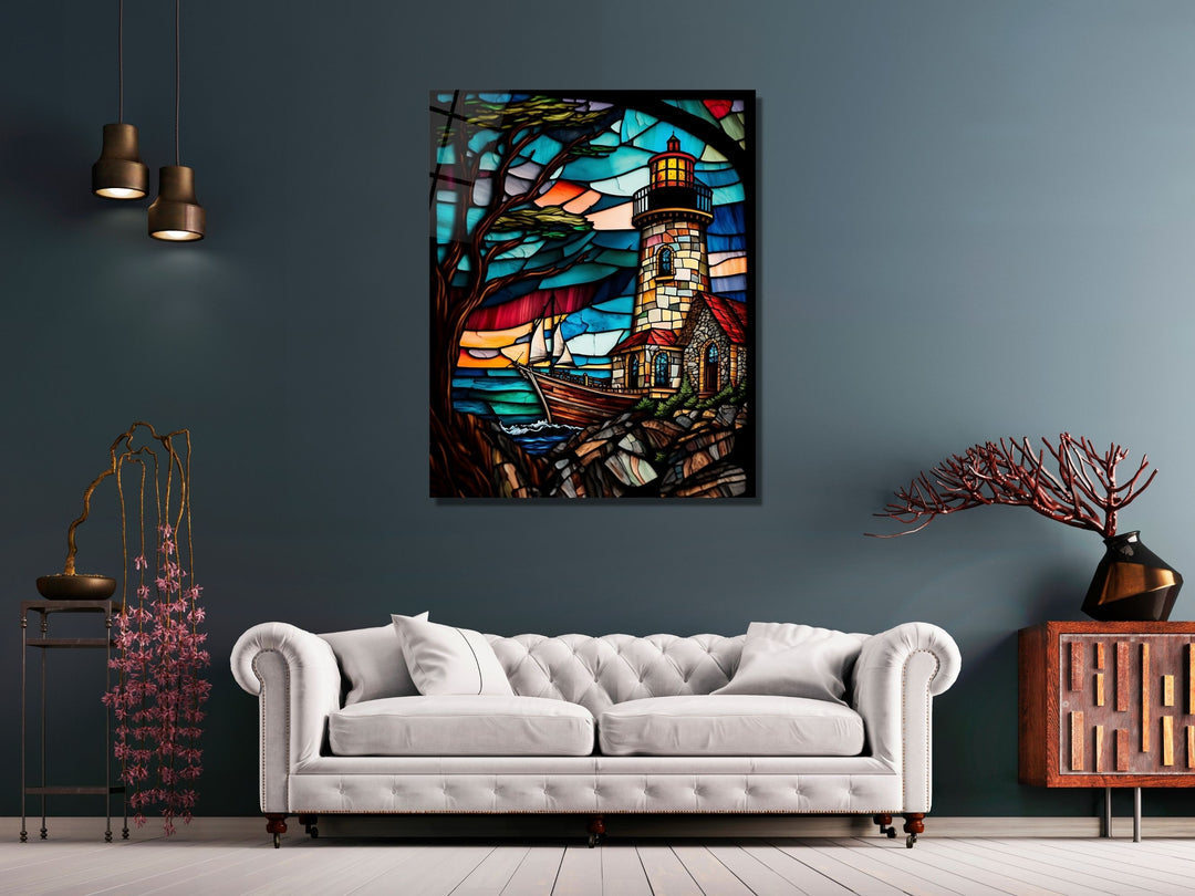 Stained Glass Light House Pattern Wall Art Window-Wall Painting Decor