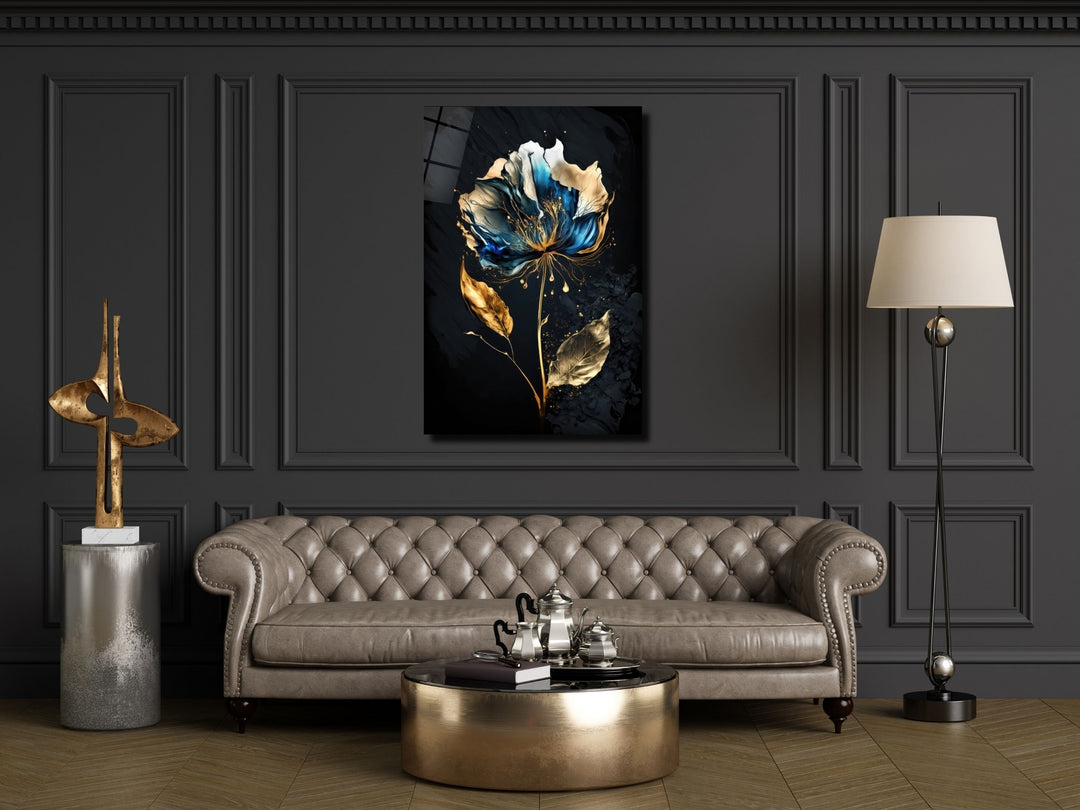 Abstract Blue&Gold Floral Glass Wall Art-Home&Office Glass Printing Wall Decor