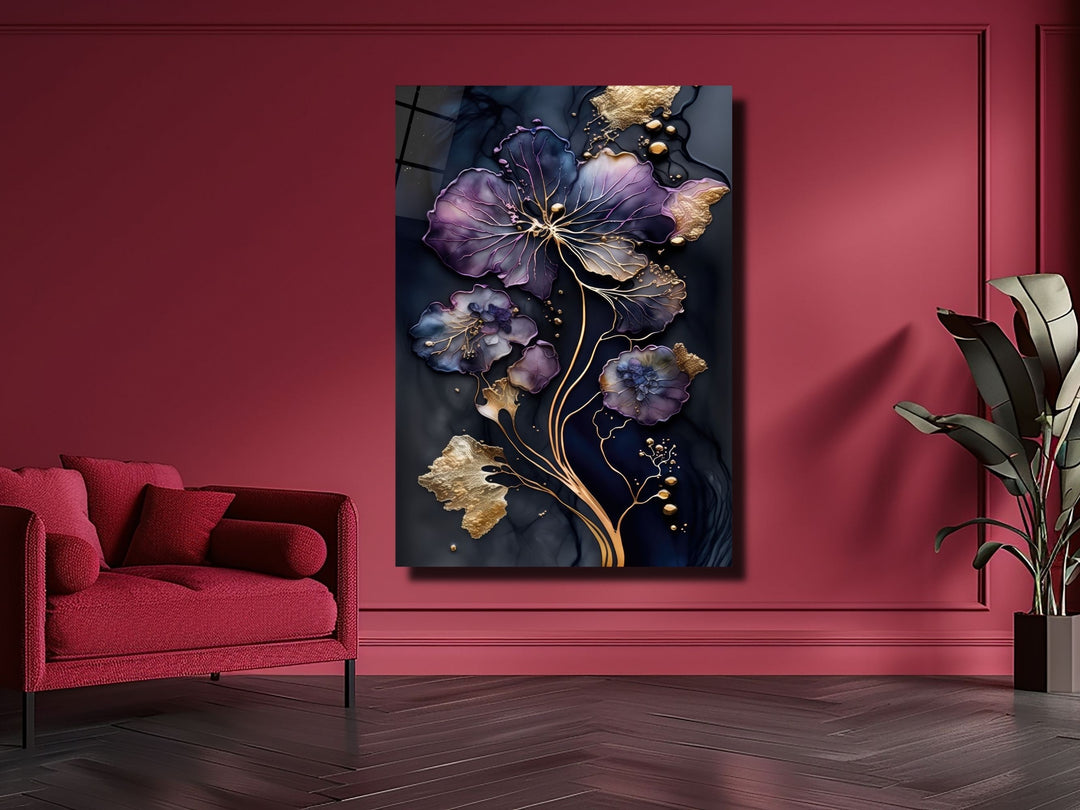 Abstract Gold&Purple Floral Glass Wall Art-Home&Office Glass Printing Wall Decor