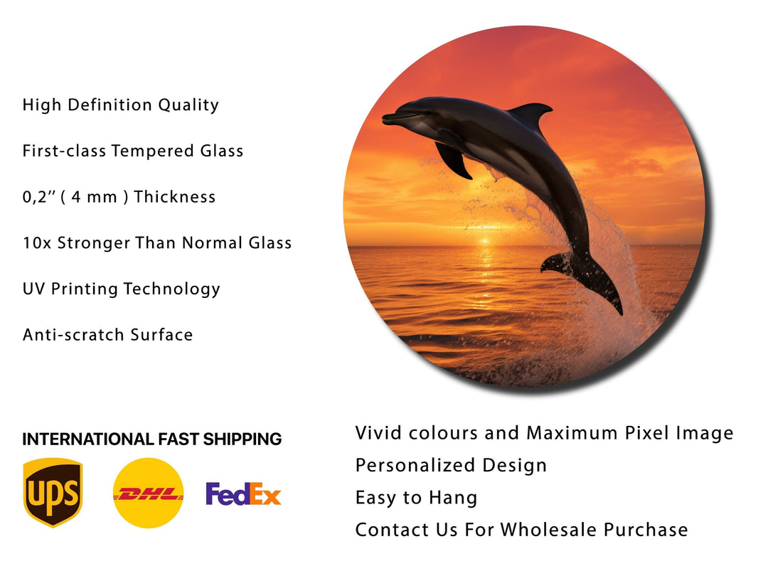 Sunset&Dolphin Wall Art Decor-Home&Office Glass Printing Wall Painting