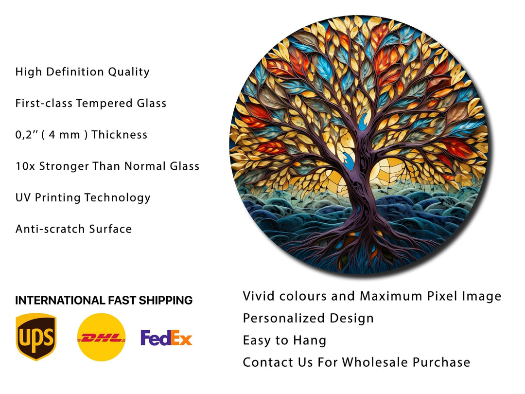 Tree of Life Stained Glass Pattern Wall Art Window-Wall Painting Decor Round