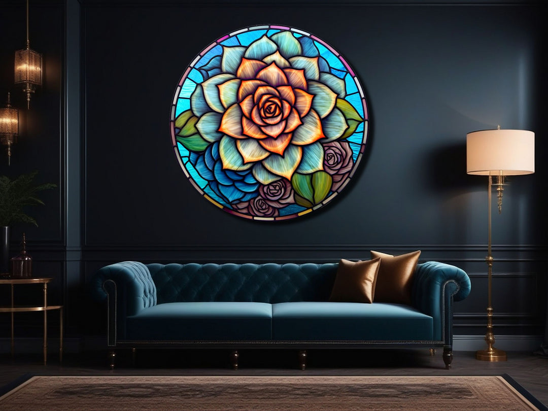 Stained Glass Lotus Flower Pattern Wall Art Decor-Glass Printing Wall Painting Round