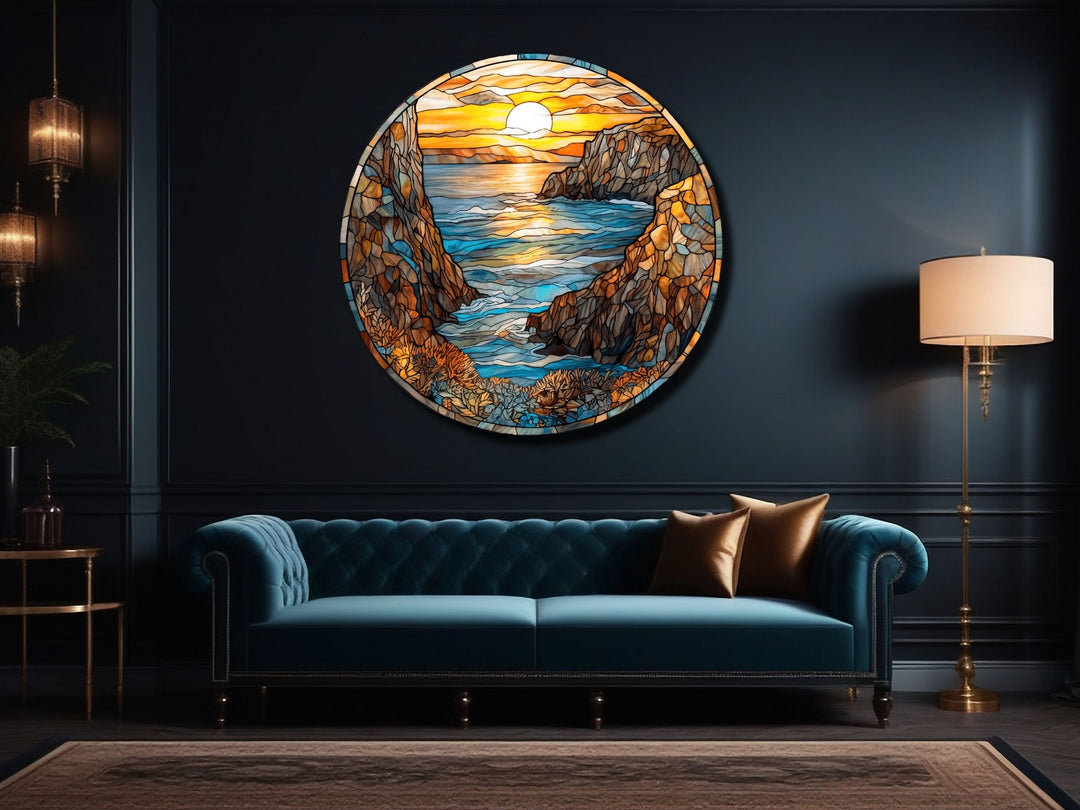 Stained Glass Sunset Pattern Wall Art Decor-Glass Printing Wall Painting Round