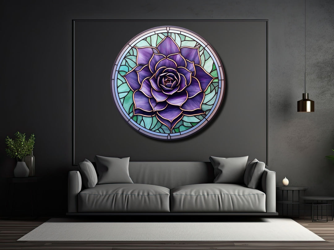 Stained Glass Lotus Flower Pattern Wall Art Decor-Glass Printing Wall Painting Round