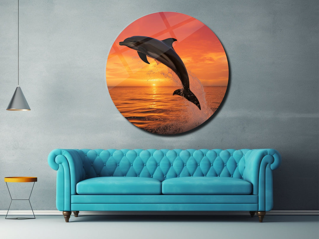 Sunset&Dolphin Wall Art Decor-Home&Office Glass Printing Wall Painting