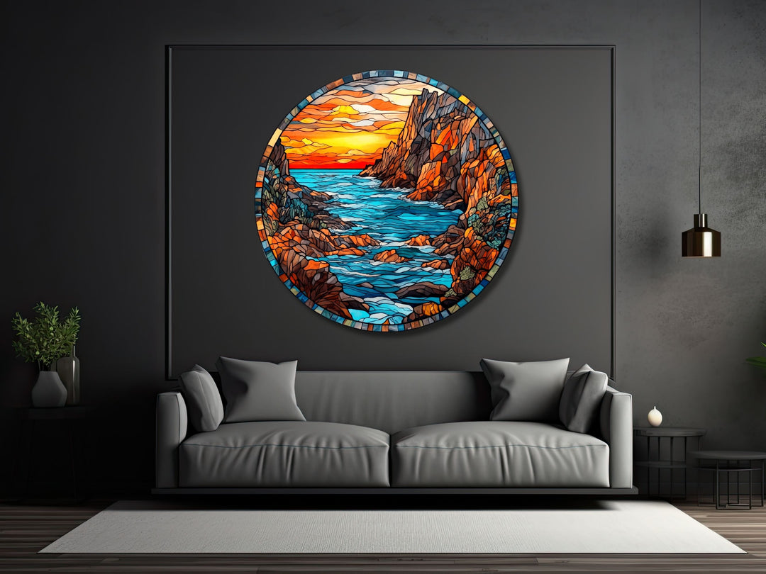 Stained Glass Sunset Pattern Wall Art Decor-Glass Printing Wall Painting Round