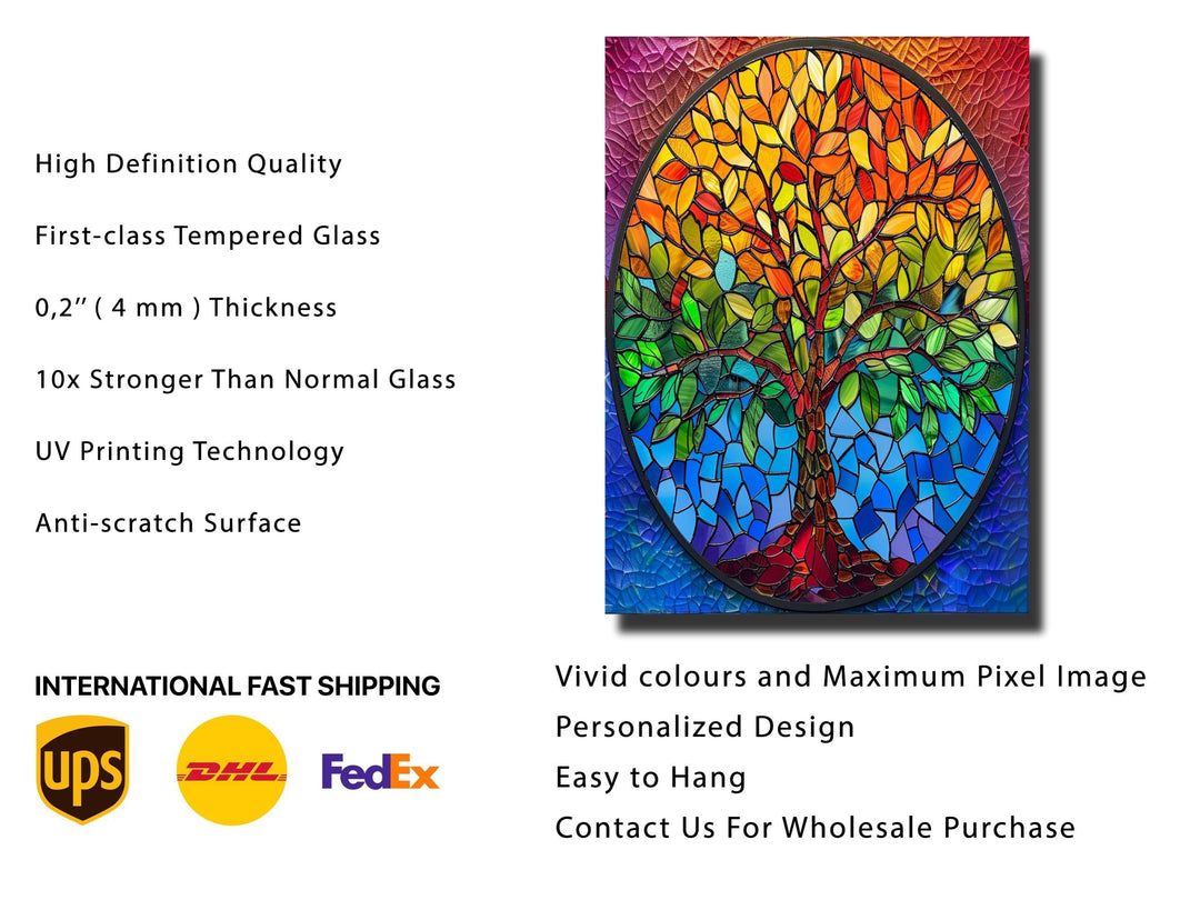 Stained Glass Tree Of Life Pattern Wall Art Decor-Home&Office Glass Printing Wall Painting