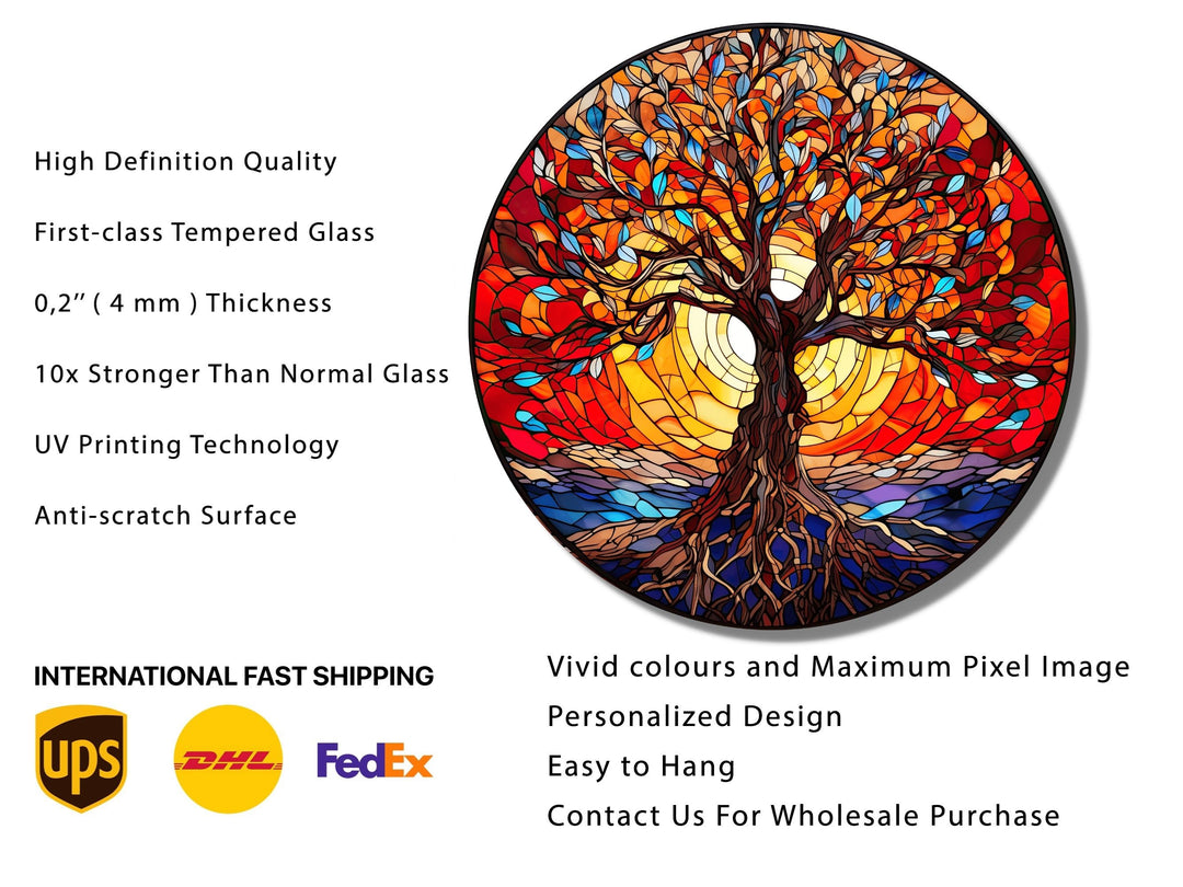 Tree of Life Stained Glass Pattern Wall Art Window-Wall Painting Decor Round