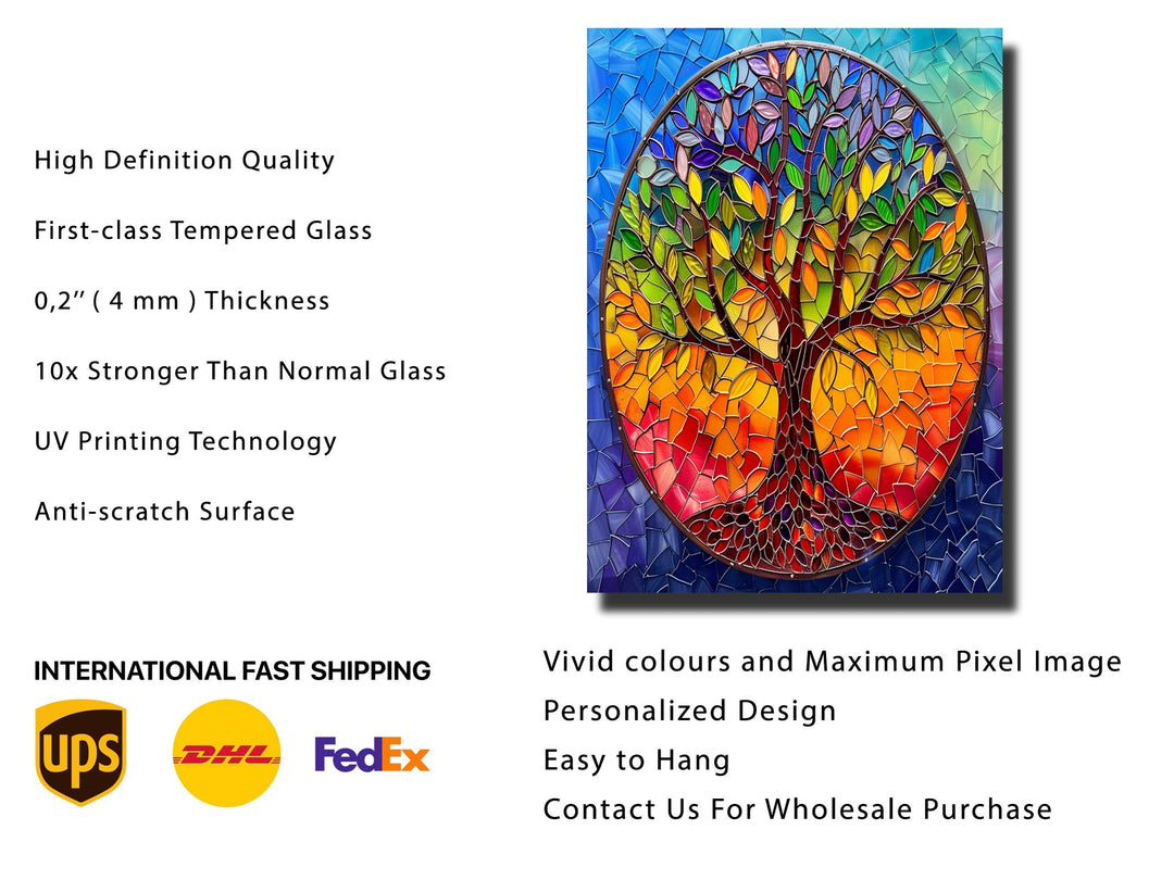 Stained Glass Tree of Life Pattern Wall Art Decor-Home&Office Glass Printing Wall Painting