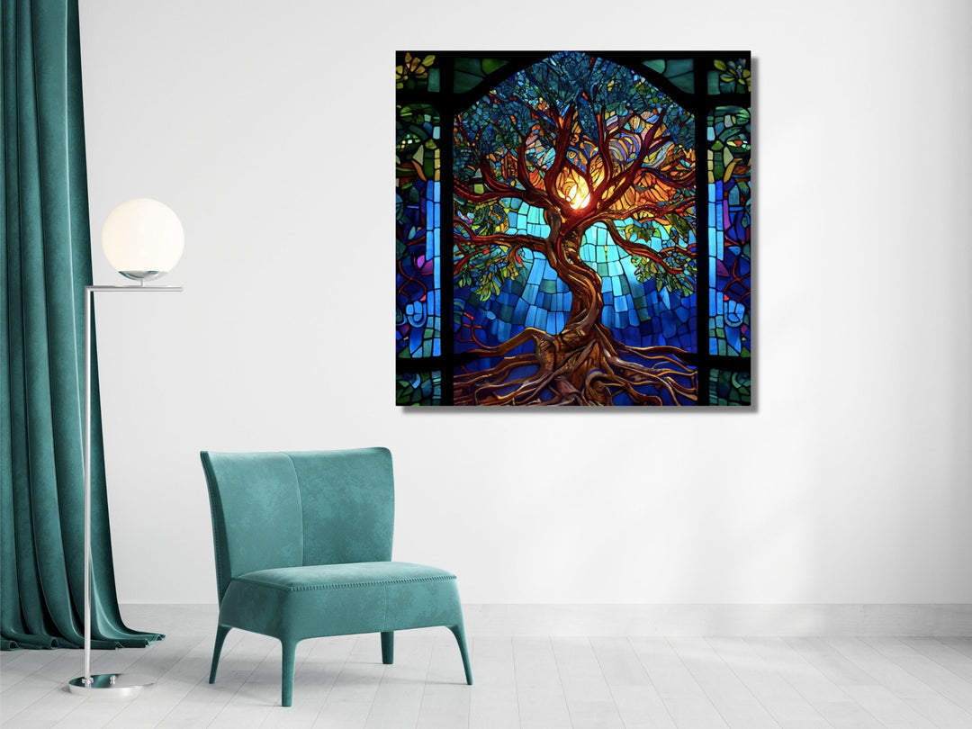 Stained Glass Tree of Life Pattern Wall Art Decor-Home&Office Glass Printing Wall Painting