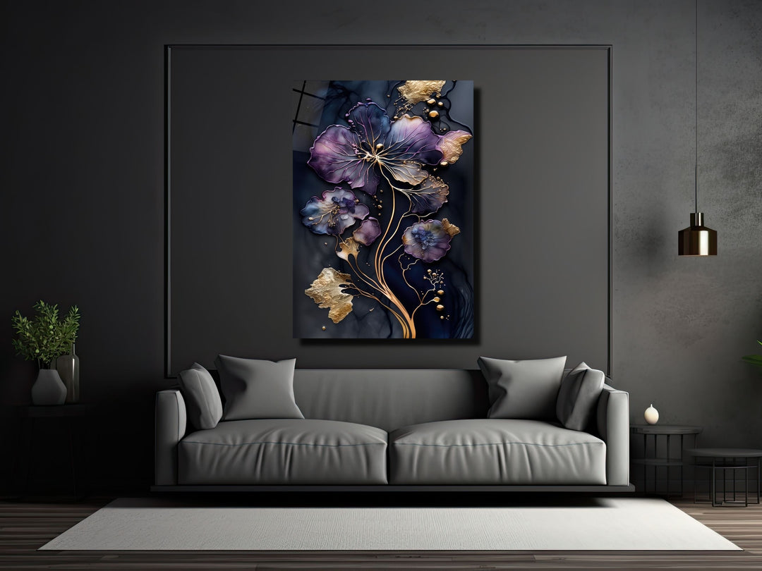 Abstract Gold&Purple Floral Glass Wall Art-Home&Office Glass Printing Wall Decor