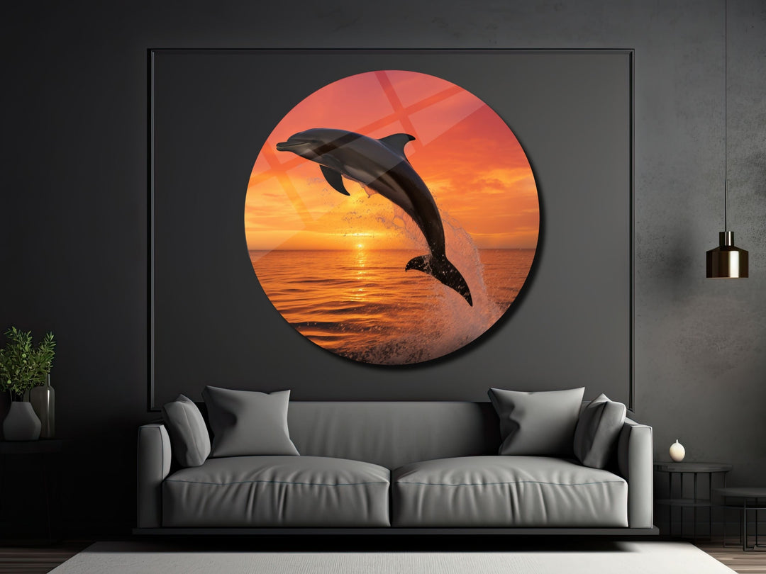 Sunset&Dolphin Wall Art Decor-Home&Office Glass Printing Wall Painting