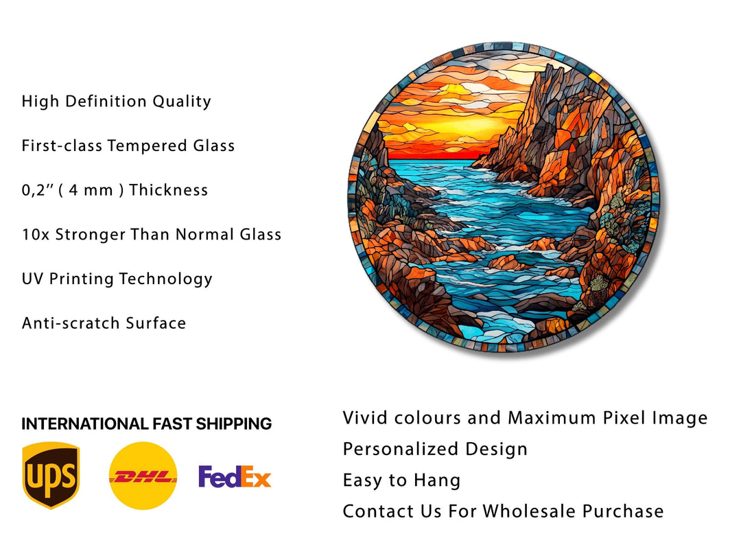 Stained Glass Sunset Pattern Wall Art Decor-Glass Printing Wall Painting Round