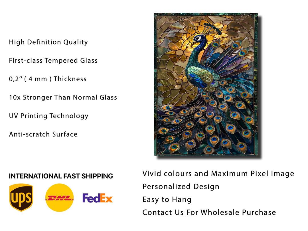 Stained Glass Peacock Pattern Wall Art Decor-Home&Office Glass Printing Wall Painting