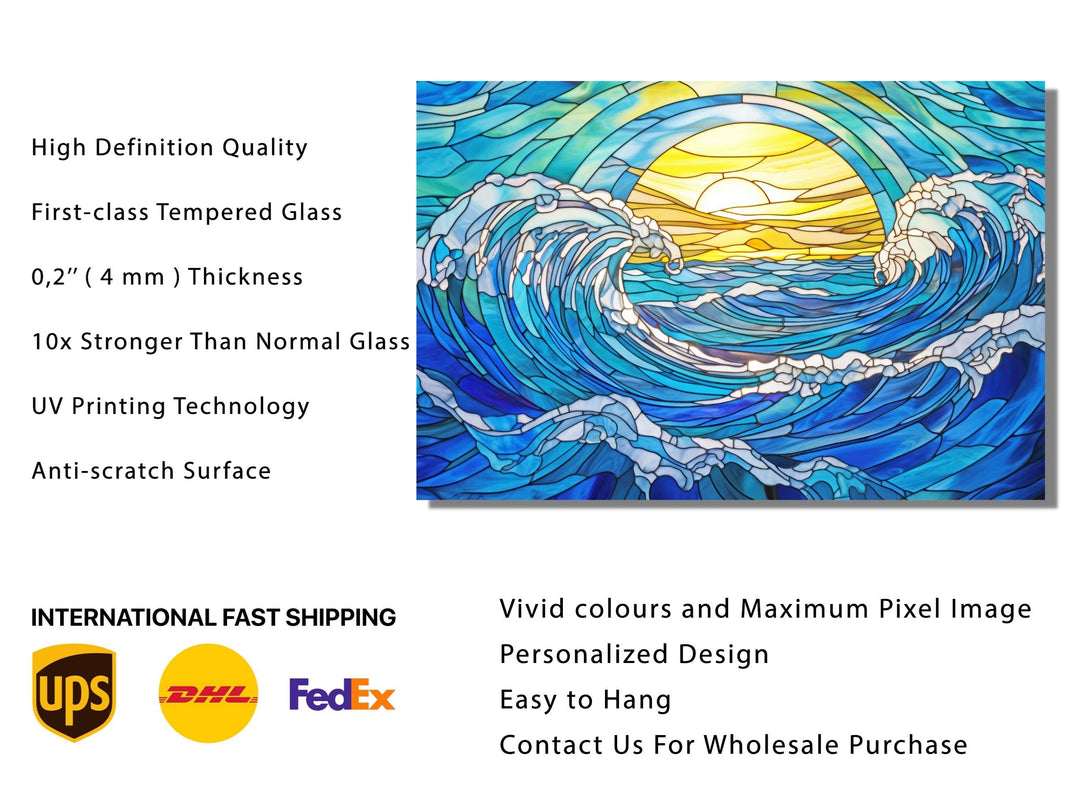 Stained Glass Ocean Wave Pattern Wall Art-Home Office Wall Painting Decor Panel