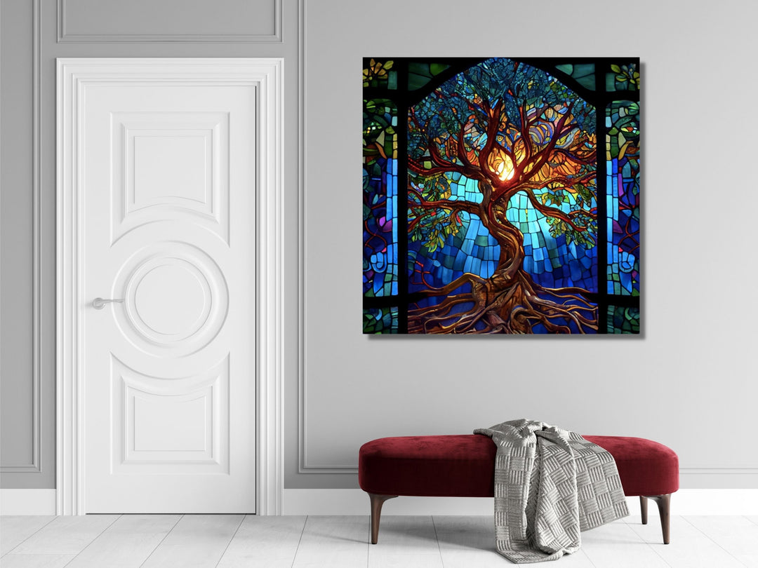 Stained Glass Tree of Life Pattern Wall Art Decor-Home&Office Glass Printing Wall Painting