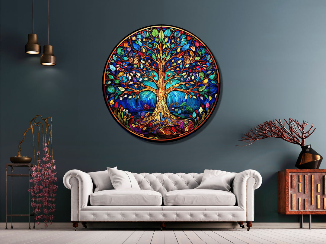 Tree of Life Stained Glass Pattern Wall Art Window-Wall Painting Decor Round