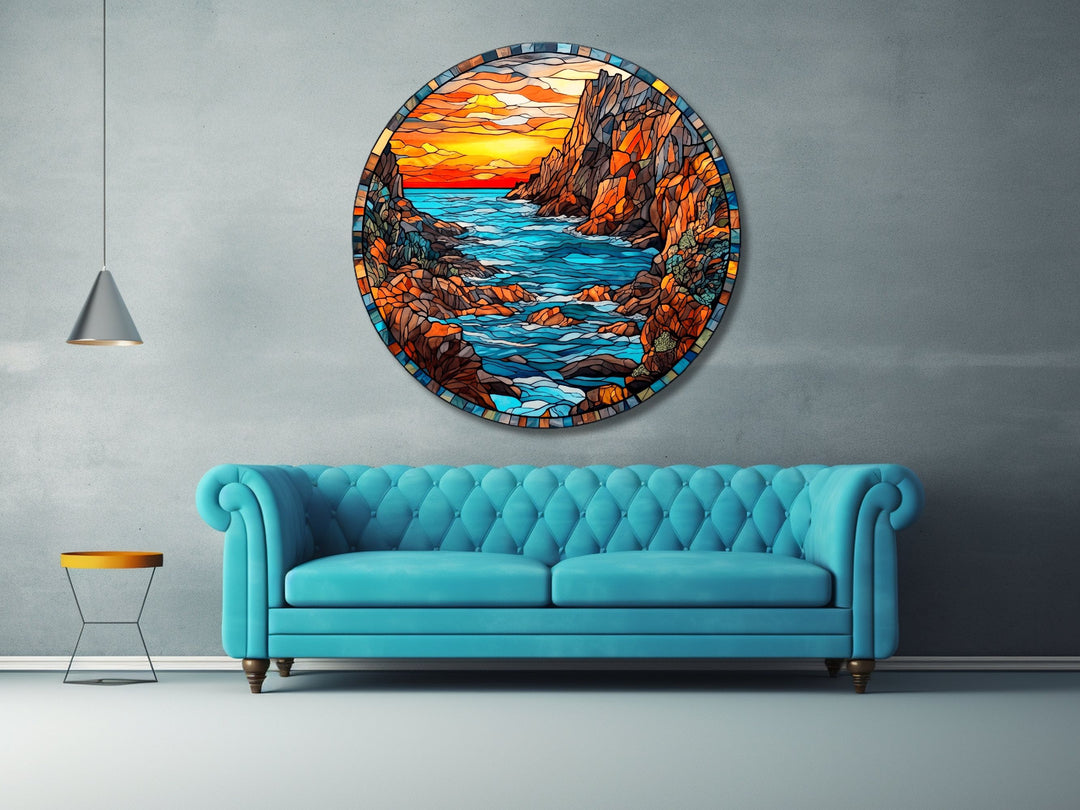 Stained Glass Sunset Pattern Wall Art Decor-Glass Printing Wall Painting Round