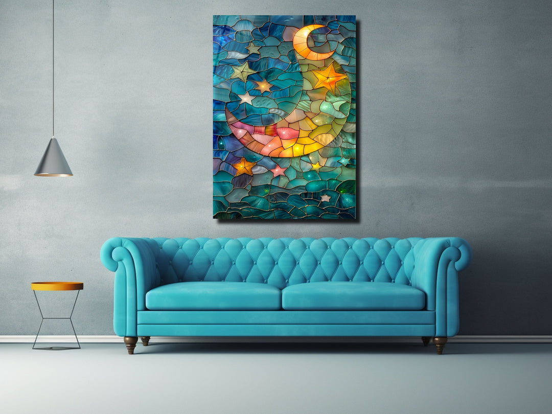 Stained Glass Moon&Star Pattern Wall Art Decor-Home&Office Glass Printing Wall Painting